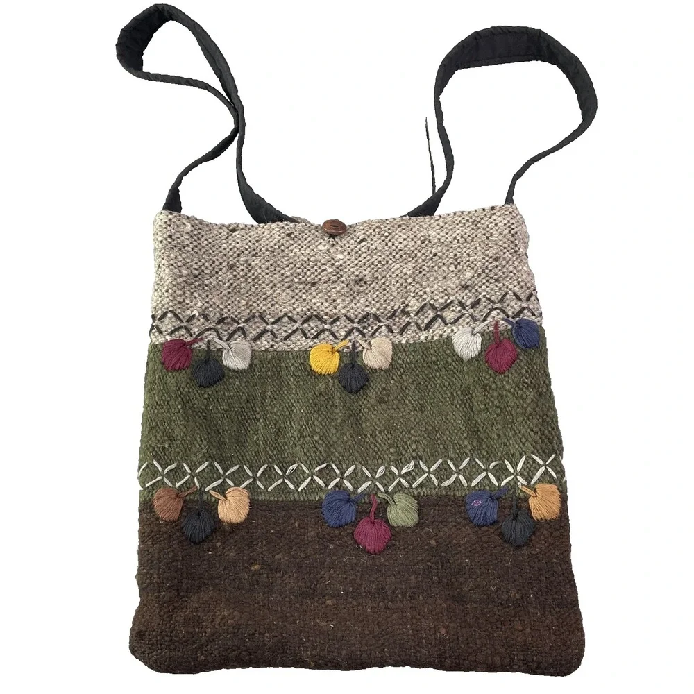 VTG Handmade Shoulder Crossbody Bag Women's Wool Embroidered Boho Tassel Artisan